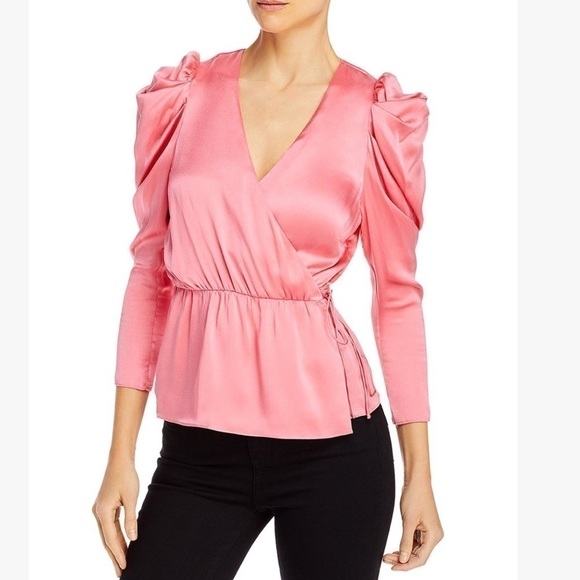 Notes Du Nord Barbie Pink Puff Sleeve Silk Surplice Top Size 10 - Picture 1 of 9